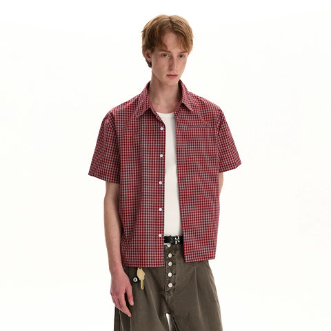 A PUEE American retro old money style short sleeved checkered shirt for men and women boxy short versatile commuting top