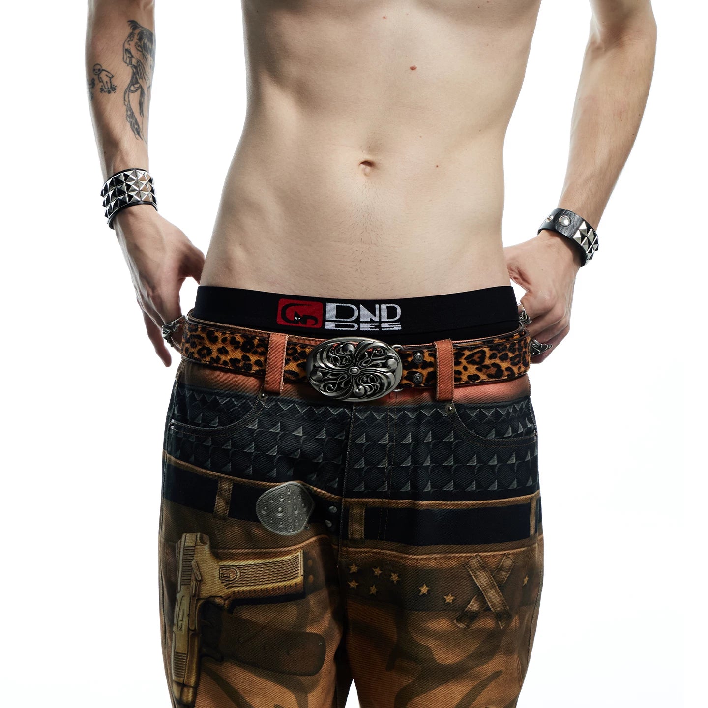 DND4DES Retro Honeysuckle Pattern Customized Belt Head, Horse Hair Leopard Pattern Belt Head Layer, Leather Leather Belt, Belt