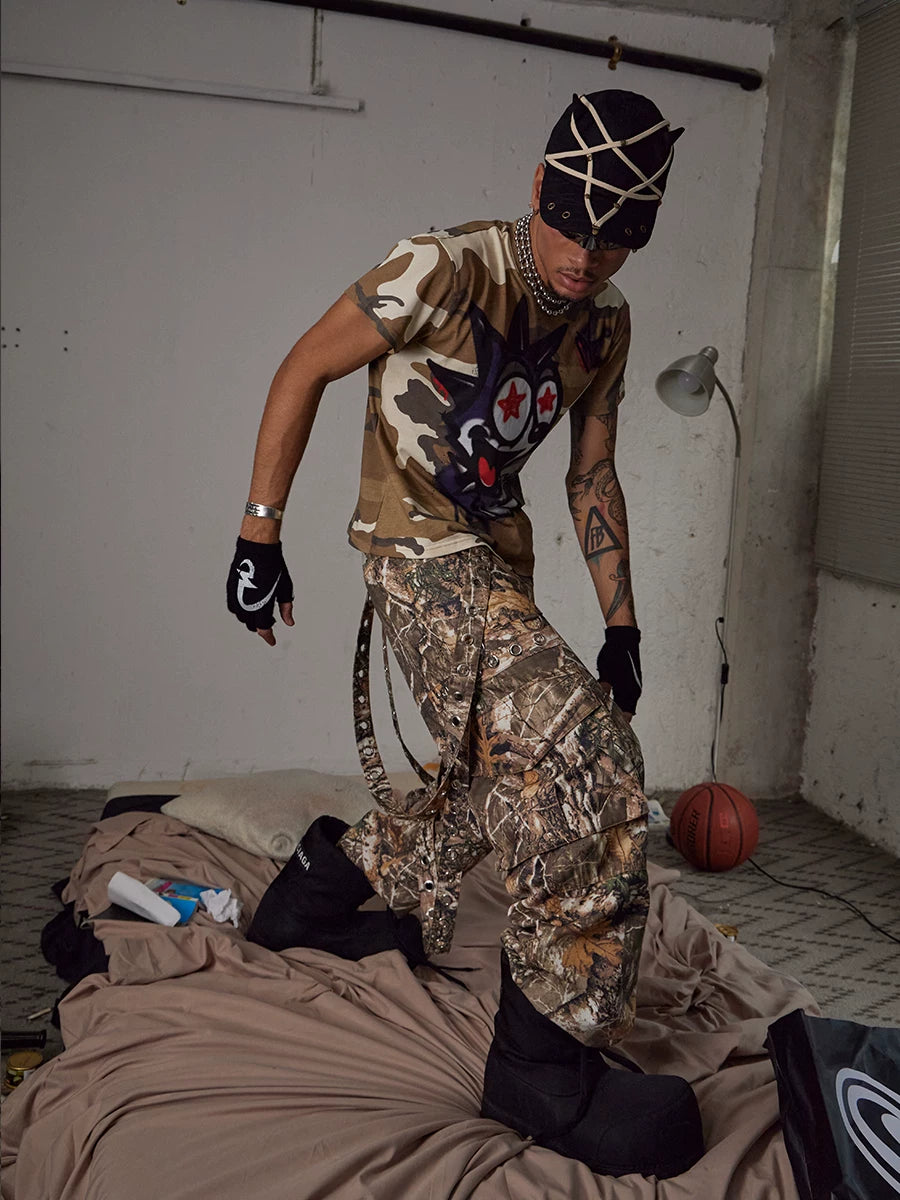 DND4DES American original detachable ribbon octopus pants tree branch camouflage pants wide leg pants