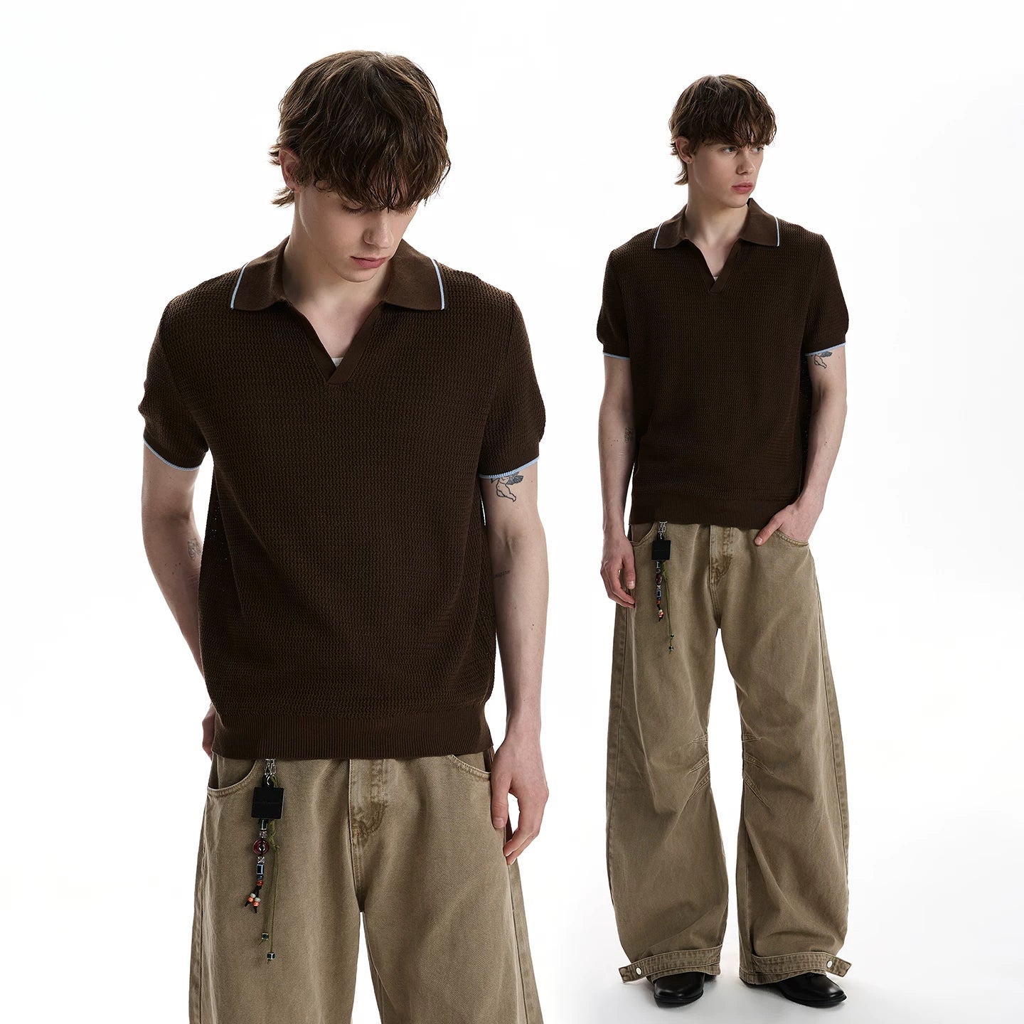 A PUEE American retro nouveau riche Barn style lapel polo shirt short sleeved texture front shoulder short knit shirt trendy