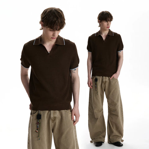 A PUEE American retro nouveau riche Barn style lapel polo shirt short sleeved texture front shoulder short knit shirt trendy