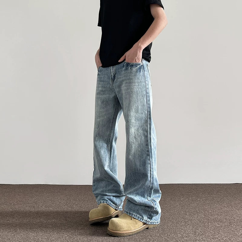 A PUEE American High Street Clean Fit Lightning Washed Jeans Men's Trendy Straight Tube Micro Pull Vibe Handsome Pants