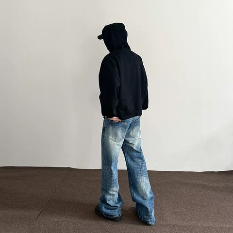 American high street vibe lightning burst blue jeans, men's trendy straight leg micro flare cleanfit slimming pants