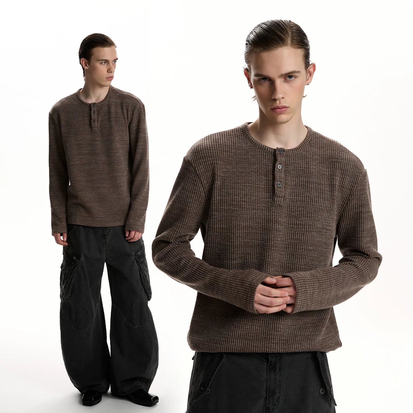 A PUEE retro casual Henry collar long sleeved T-shirt cleanfit spring high-end feeling old money top base shirt