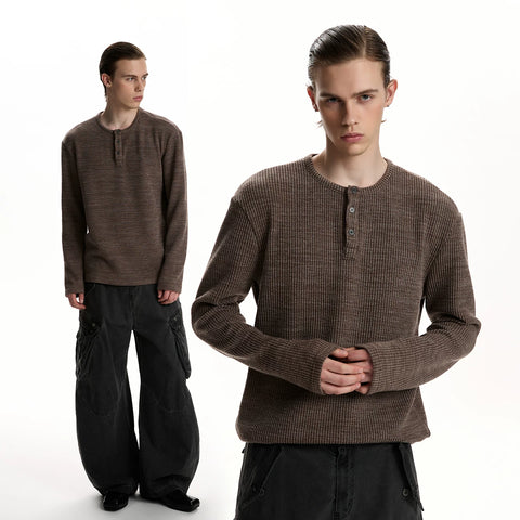 A PUEE retro casual Henry collar long sleeved T-shirt cleanfit spring high-end feeling old money top base shirt