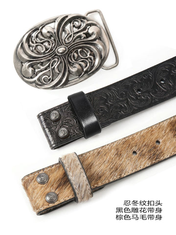 DND4DES Ding Yuxi's retro honeysuckle pattern carved belt, heavy-duty head layer cowhide leather belt, waist belt