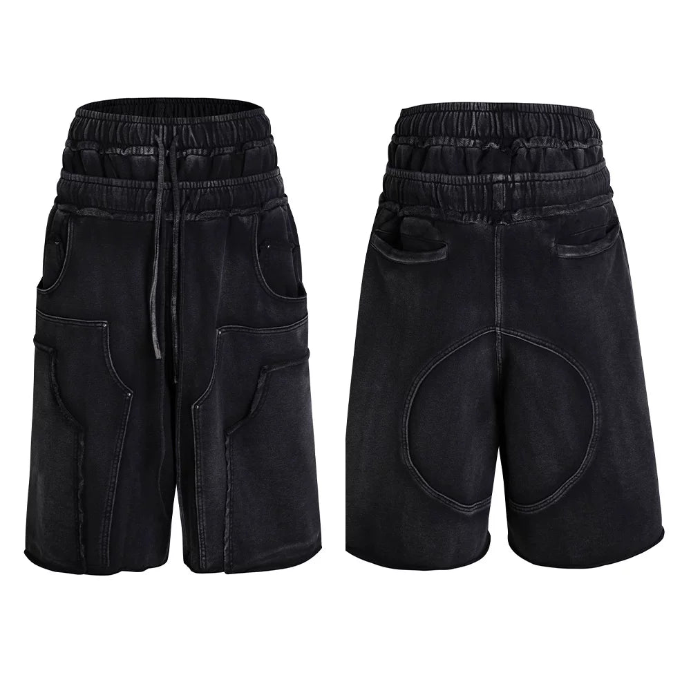 DND4DES original design deconstruction double waisted washed distressed cropped pants 340g pure cotton shorts loose sweatpants