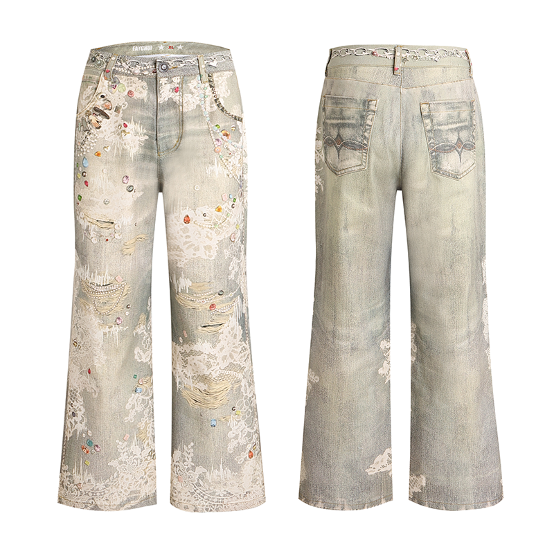 DND4DES lace denim jeans, all season universal solid color pants, retro straight leg micro flared jeans, wear-resistant high stretch denim, 18-24 year old women's jeans