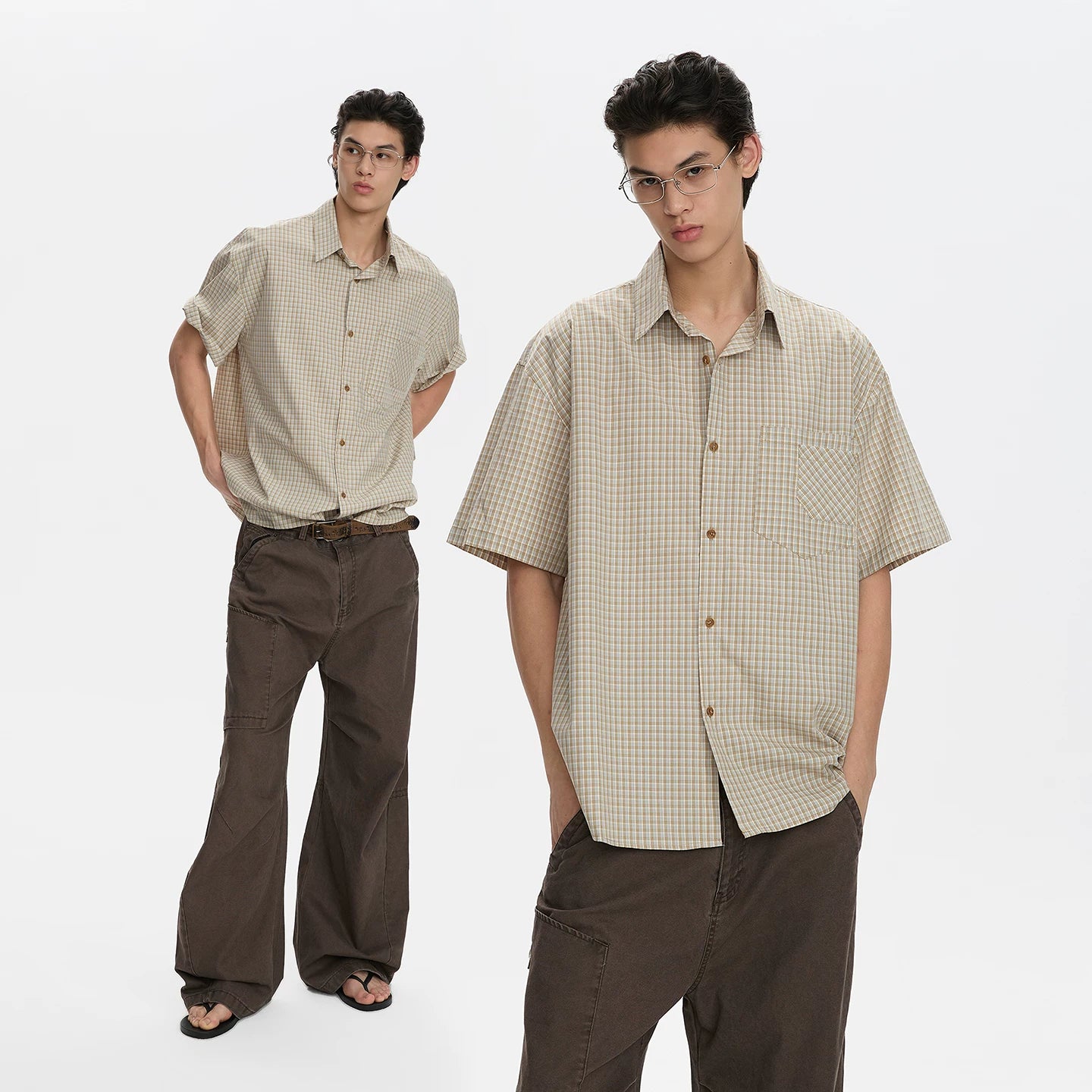 A PUEE American retro old money classic plaid short sleeved shirt for men and women clean fit loose commuting top summer