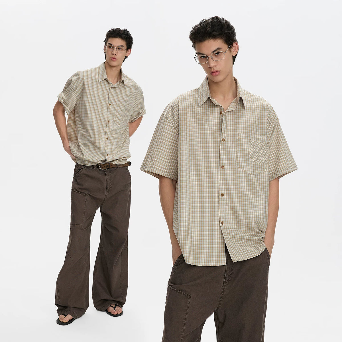 A PUEE American retro old money classic plaid short sleeved shirt for men and women clean fit loose commuting top summer