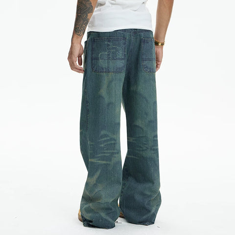 DND4DES American retro laser burned flower washed distressed bamboo striped jeans straight tube micro flared 2021M version