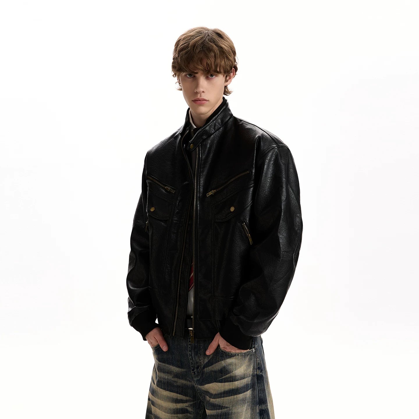 A PUEE American retro texture design PU leather jacket boxy multi pocket silhouette motorcycle suit jacket trendy