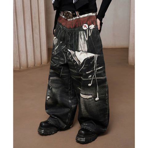 DND4DES Liu Yaowen's original American style 3D printed three waisted printed curved knife silhouette baggy jeans