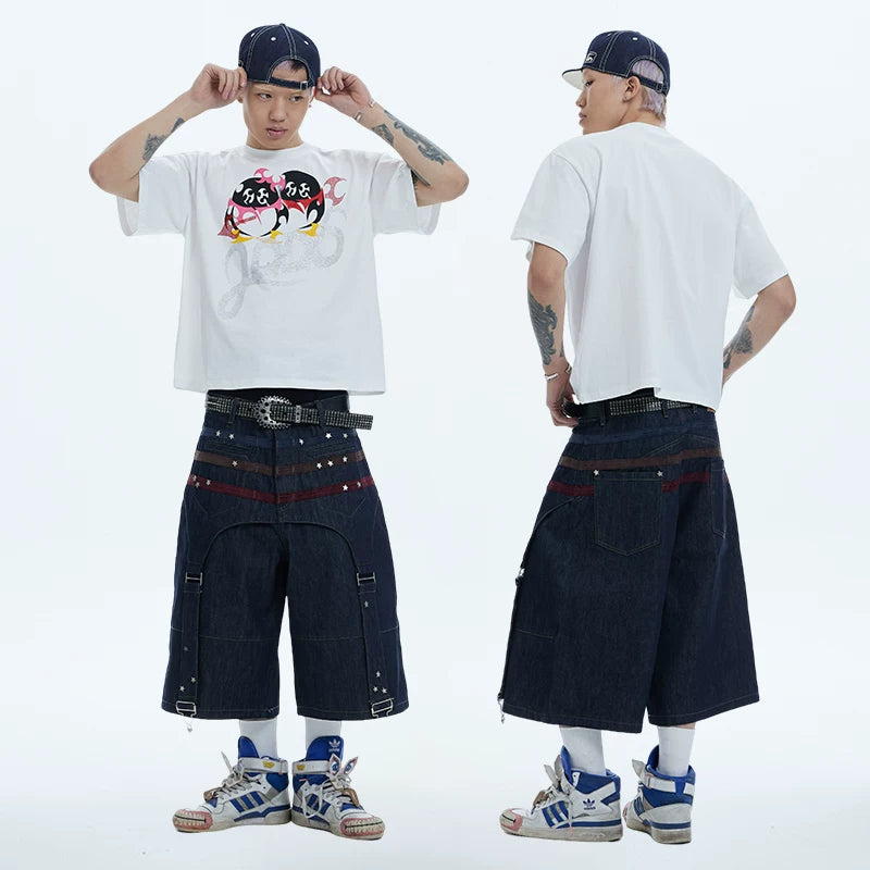 Sun Ensheng Luzhuo Same Style DND4DES Star Suede Splicing Danning Original Cow Seven Point Shorts Cowboy Mid Pants
