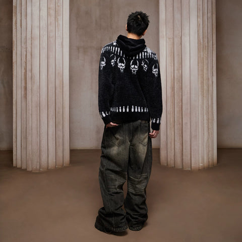 DND4DES imitation mink fur note bullet skull print Fel Island wool knit sweater contrasting zipper hooded jacket