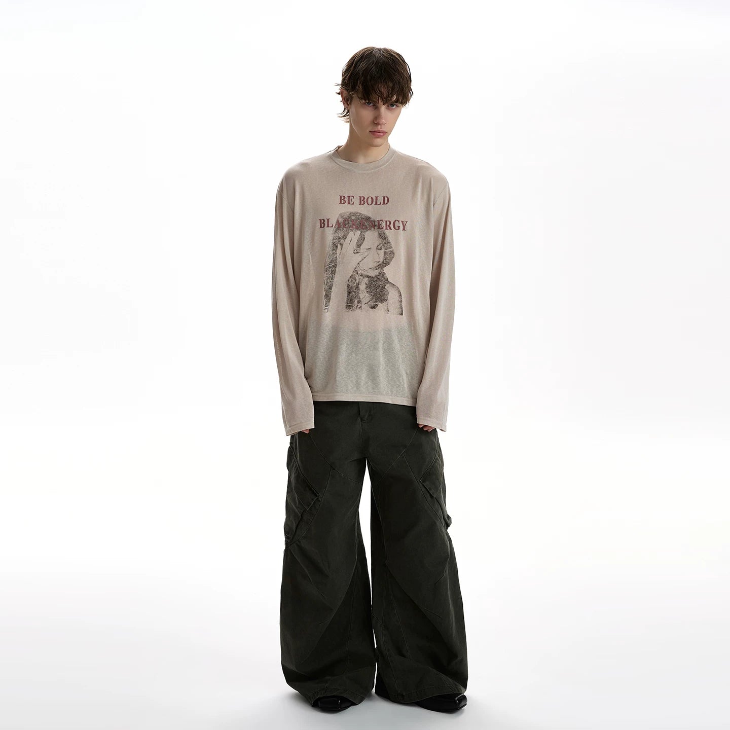 A PUEE retro street style printed thin long sleeved T-shirt for men and women, lazy and cool, loose fitting top, trendy