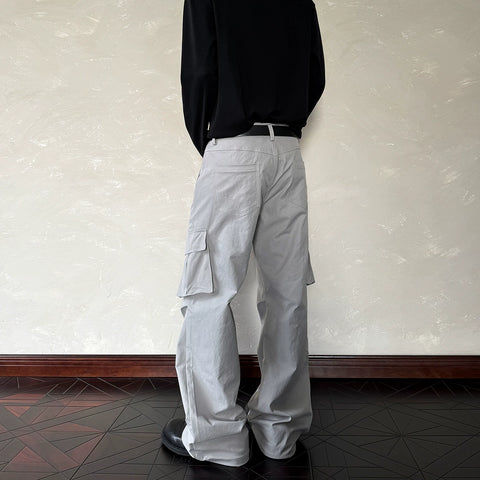 A PUEE American retro functional style multi pocket work pants for men and women, Vibe style straight tube slightly flared slim pants