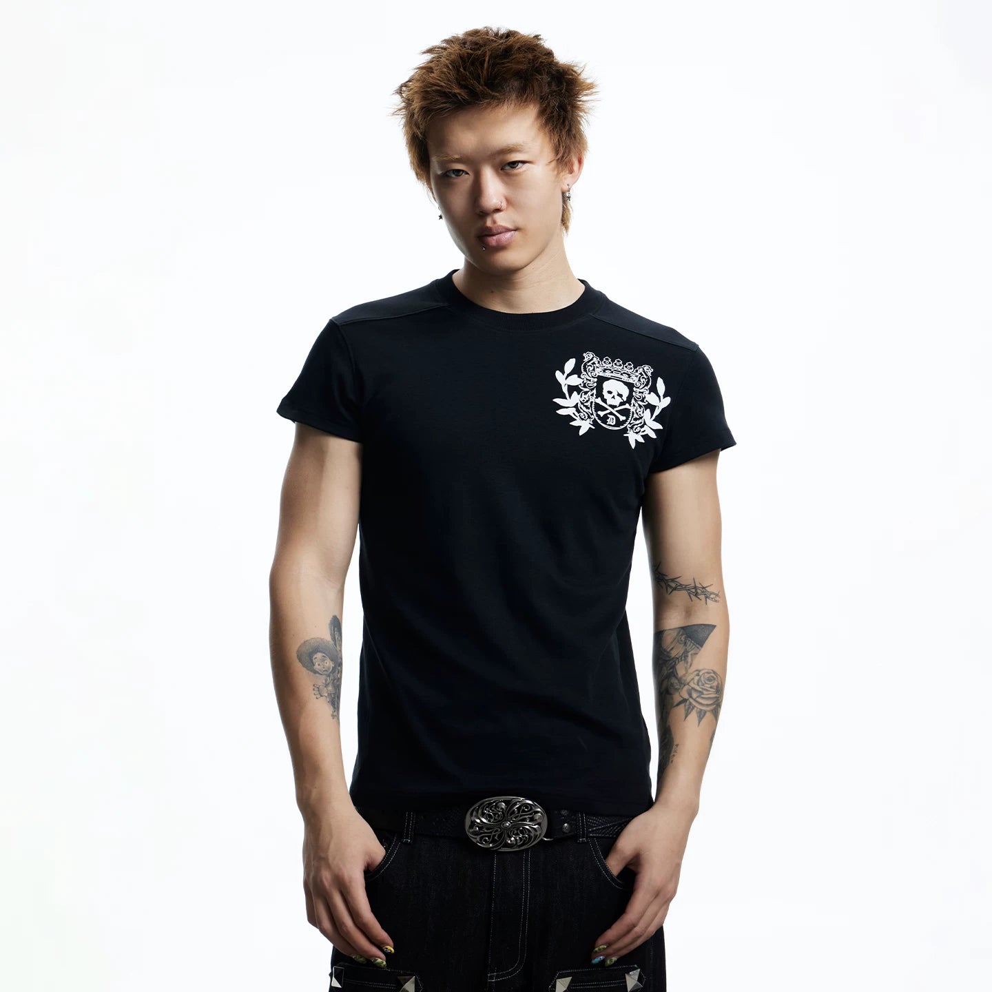 DND4DES Dark Style Skull Printed Shoulder T-shirt American Street Slimming Top
