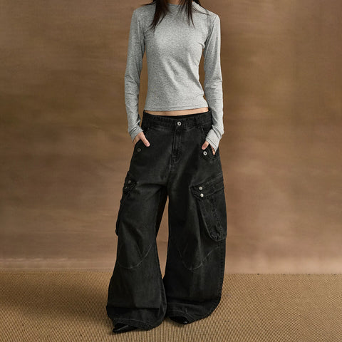 A PUEE vintage vintage multi pocket silhouette curved knife work pants baggy wide leg loose casual pants