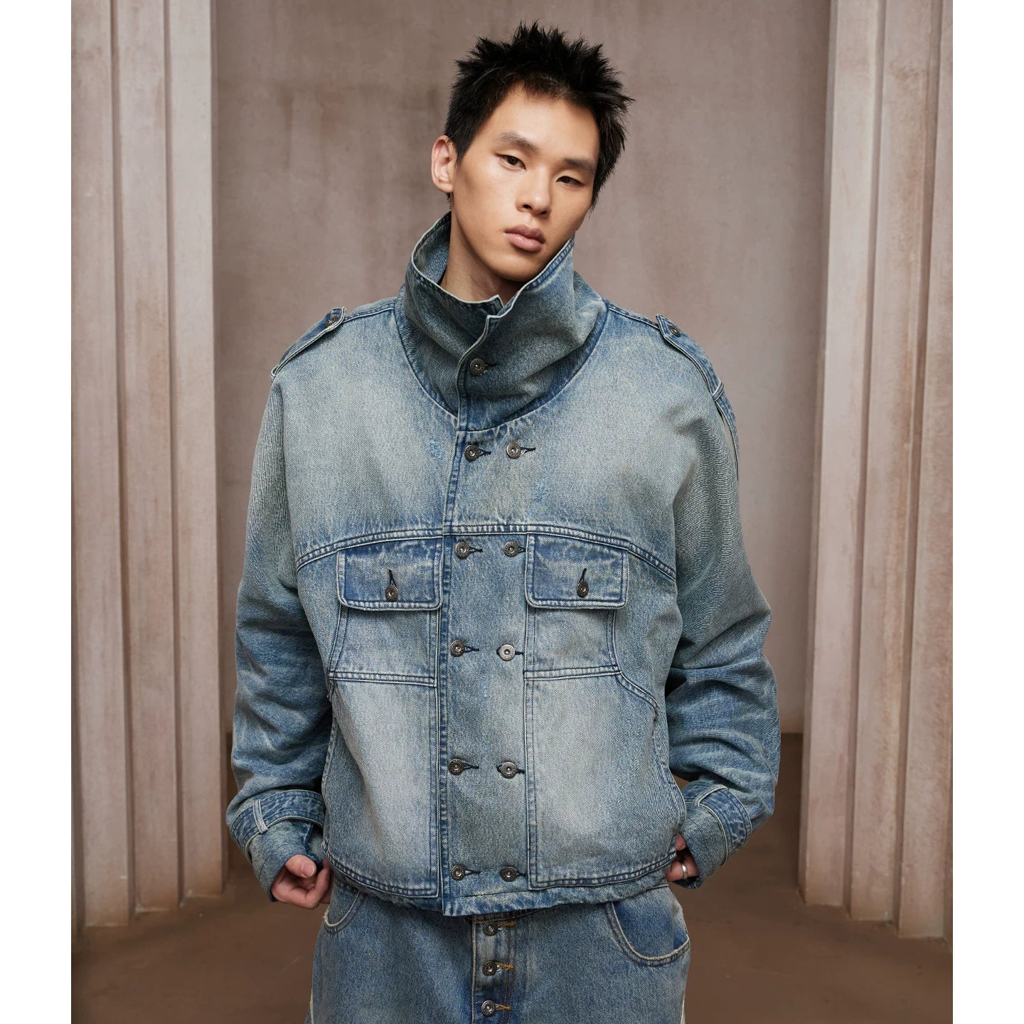DND4DES American Heavy Industry Washed Used Double breasted Multi Pocket Short Wide Cowboy Jacket Stand up Collar Coat Windbreaker