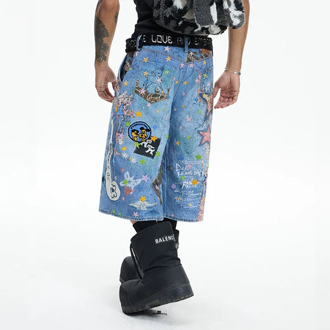 Huang Zihong, Fan He Haonan, same style DND4DES American street digital printed denim shorts cartoon cropped pants