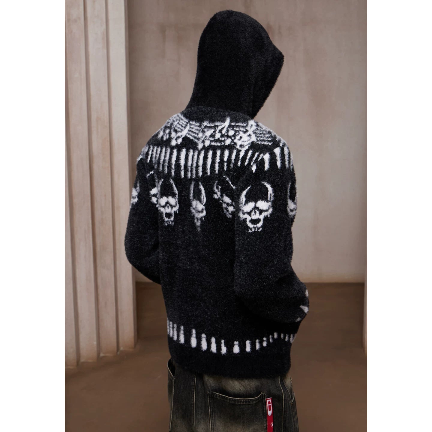 DND4DES imitation mink fur note bullet skull print Fel Island wool knit sweater contrasting zipper hooded jacket