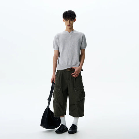 A PUEE American retro vintage vintage distressed large pocket workwear shorts for men and women, high intelligence loose cropped pants