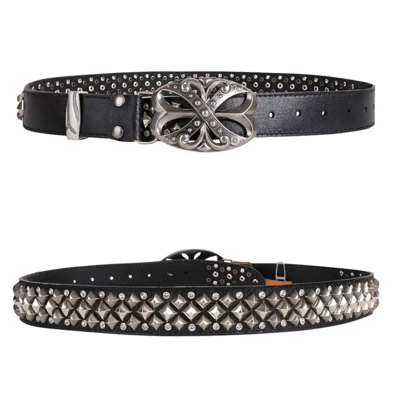 Retro punk style rhinestone leather belt, unisex rivet metal belt