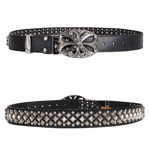Retro punk style rhinestone leather belt, unisex rivet metal belt