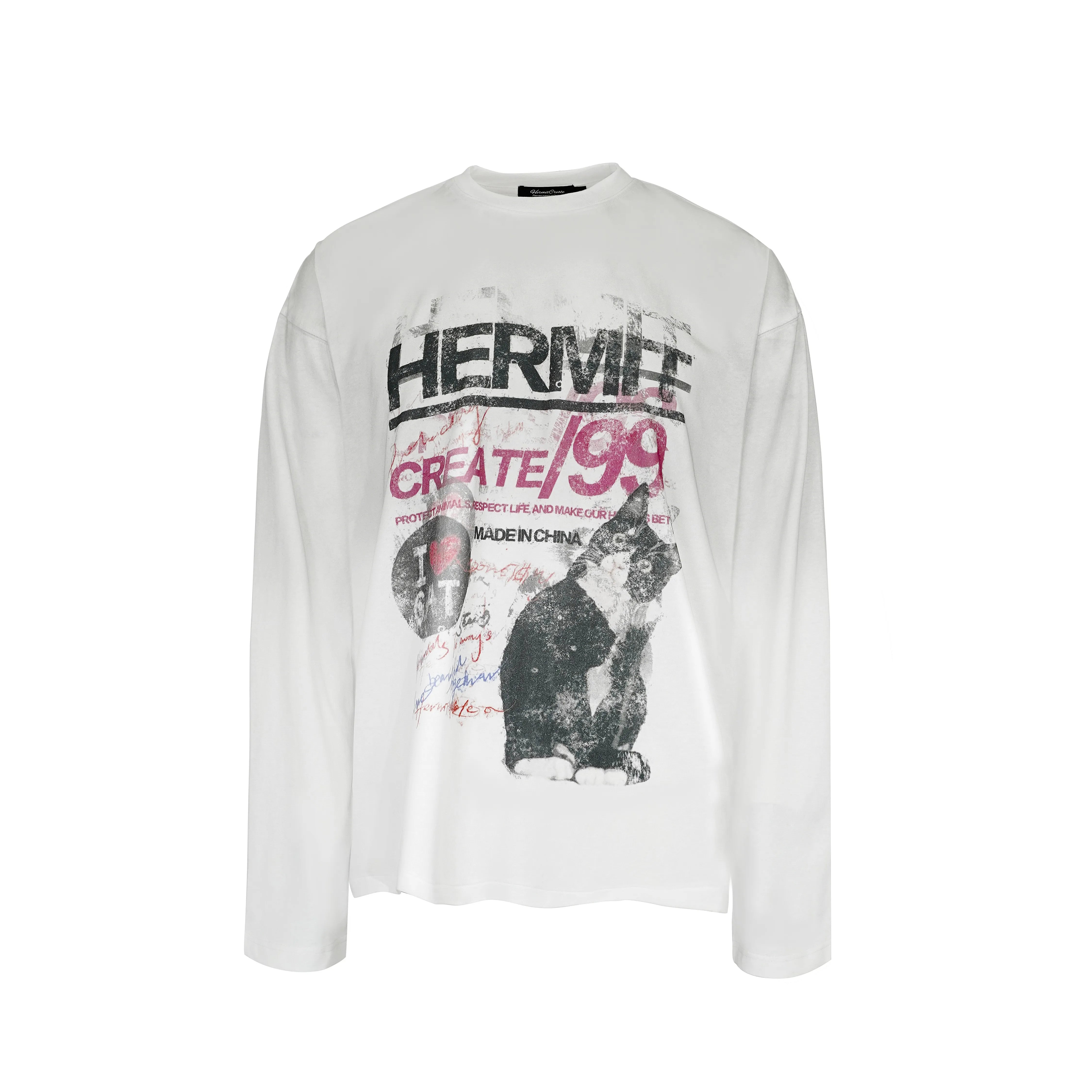 HermitCreate24FW old spray dirty combed cotton printed long-sleeved T-shirt cartoon cat Vintage trend