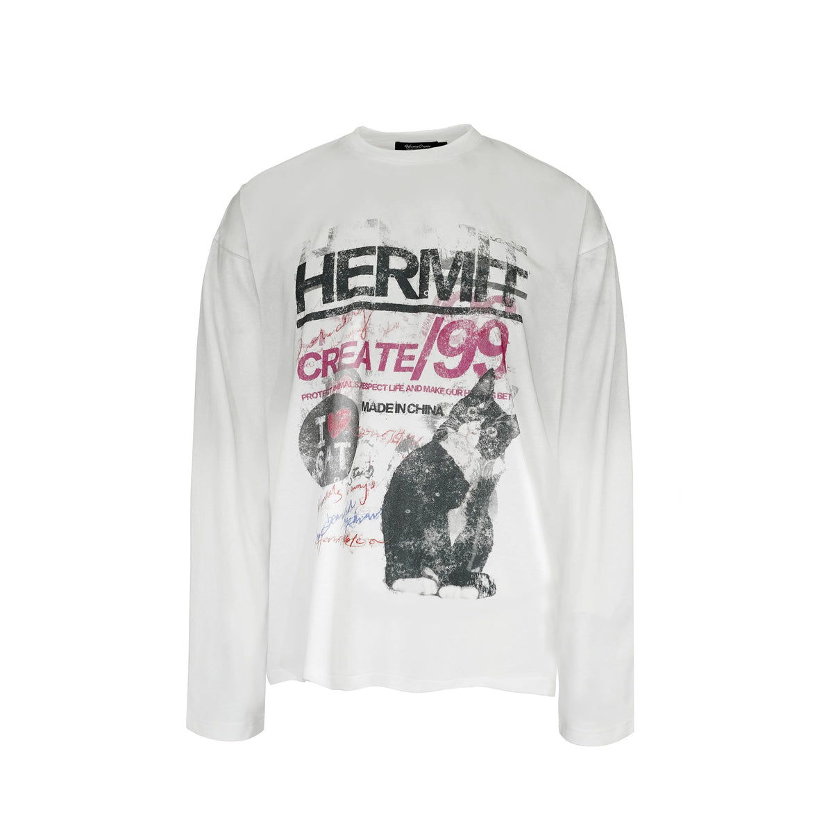 HermitCreate24FW old spray dirty combed cotton printed long-sleeved T-shirt cartoon cat Vintage trend