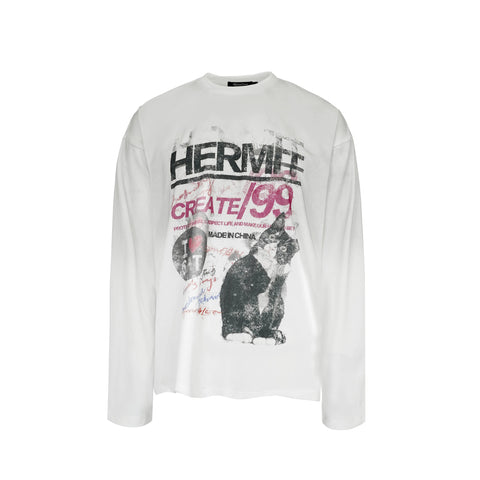 HermitCreate24FW old spray dirty combed cotton printed long-sleeved T-shirt cartoon cat Vintage trend