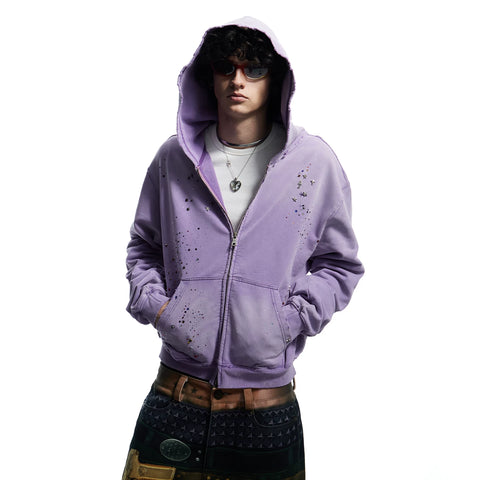 Wang Lujie's same DND4DES original design, starry sky hot stamping, water washing, zipper breaking, hooded sweatshirt jacket