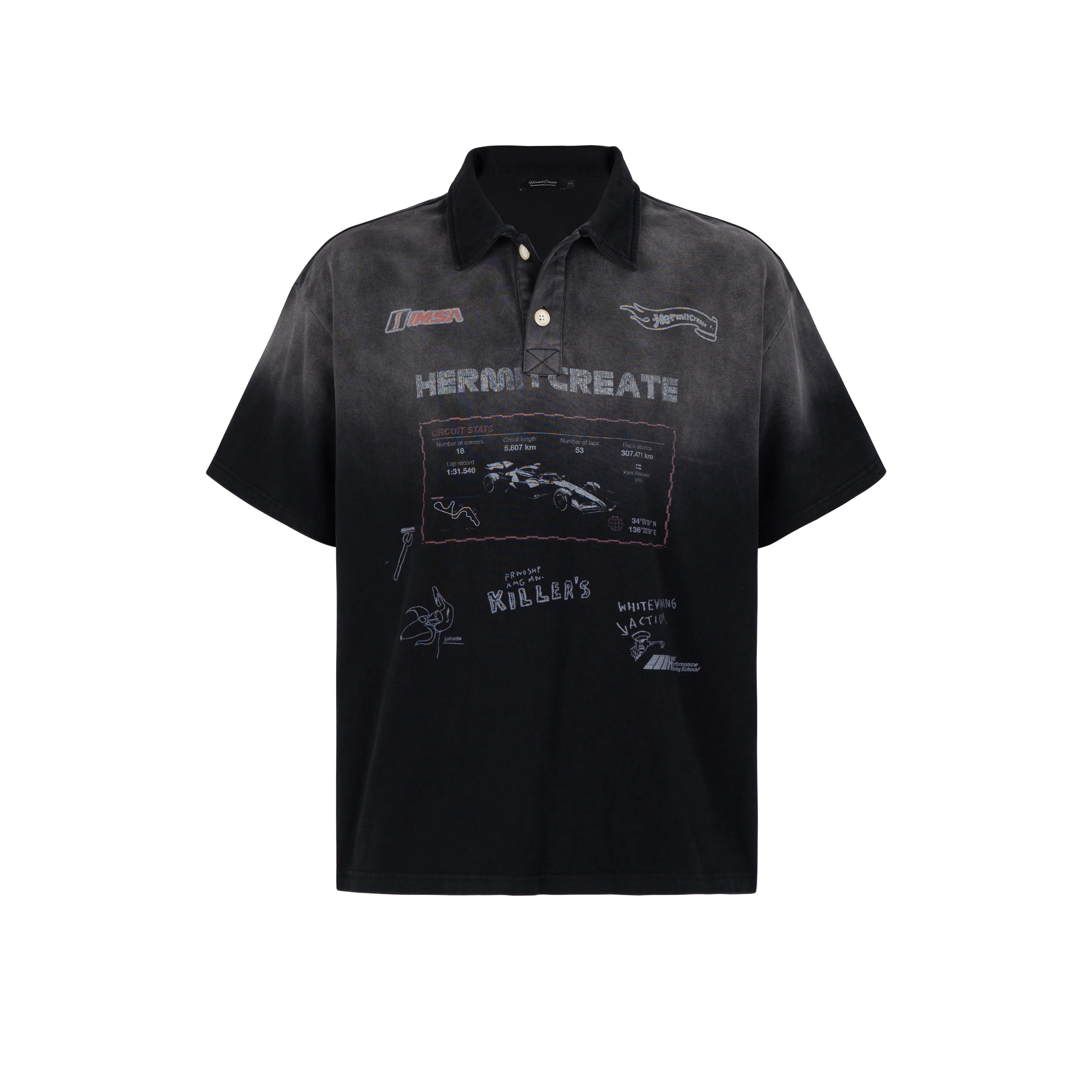 HC/HermitCreate racing series faded vintage printed polo shirt double-sided printed short sleeved shirt