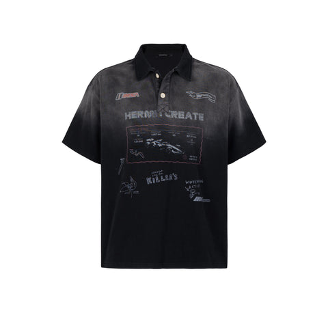 HC/HermitCreate racing series faded vintage printed polo shirt double-sided printed short sleeved shirt