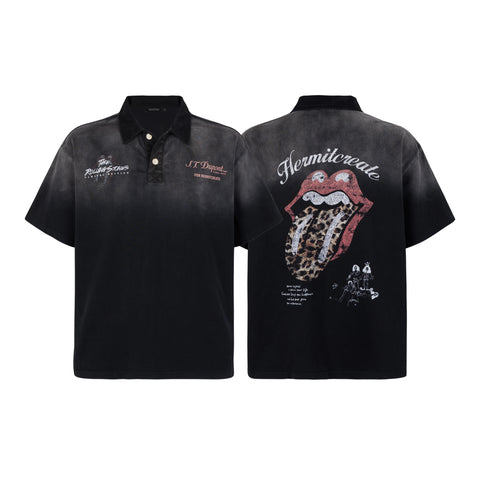 HC/HermitCreate band parodies faded vintage printed polo shirts with double-sided printed short sleeves
