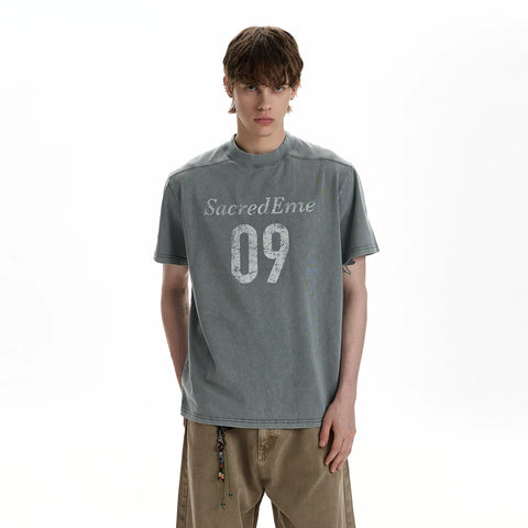 A PUEE American retro letter printed vintage short sleeved T-shirt, trendy vintage shoulder short style, rugged and handsome top, summer