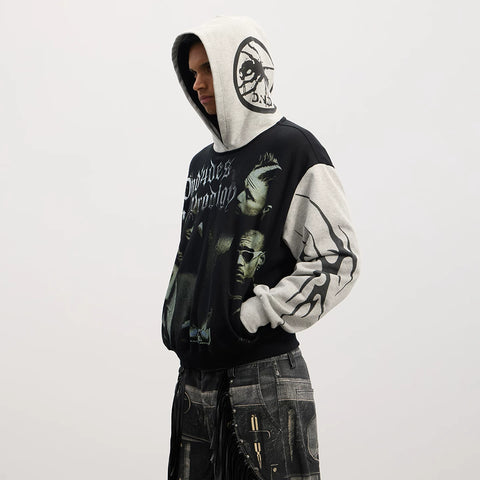 DND4DES American acid font rock portrait print splicing contrasting color Boxy short and wide hooded sweatshirt jacket