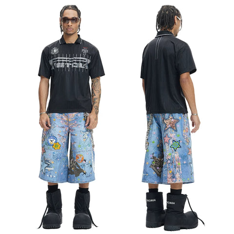 Huang Zihong, Fan He Haonan, same style DND4DES American street digital printed denim shorts cartoon cropped pants