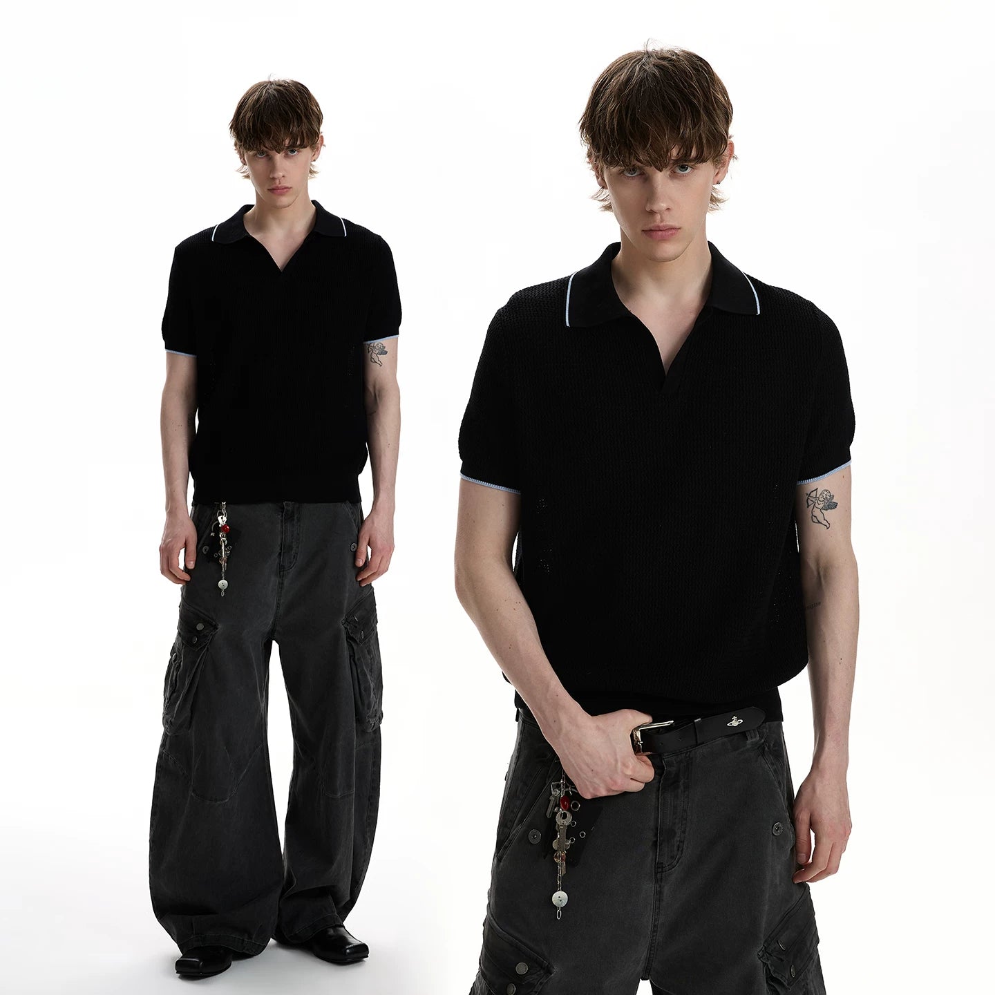 A PUEE American retro nouveau riche Barn style lapel polo shirt short sleeved texture front shoulder short knit shirt trendy