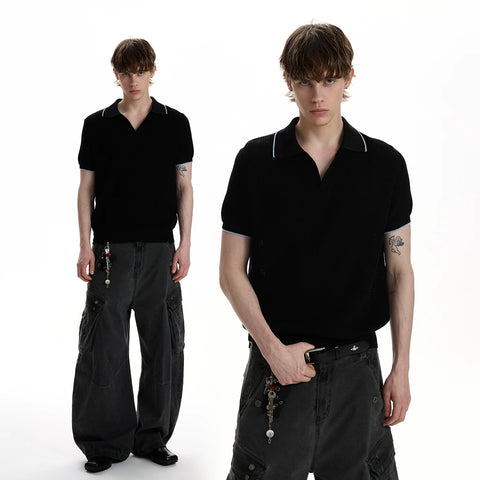 A PUEE American retro nouveau riche Barn style lapel polo shirt short sleeved texture front shoulder short knit shirt trendy