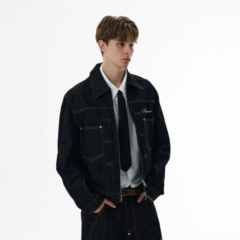 A PUEE American retro silhouette denim original color denim jacket set, clean fit, cool and loose fit jacket trendy