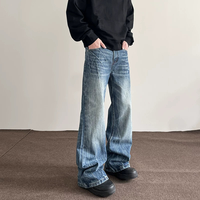 American high street vibe lightning burst blue jeans, men's trendy straight leg micro flare cleanfit slimming pants