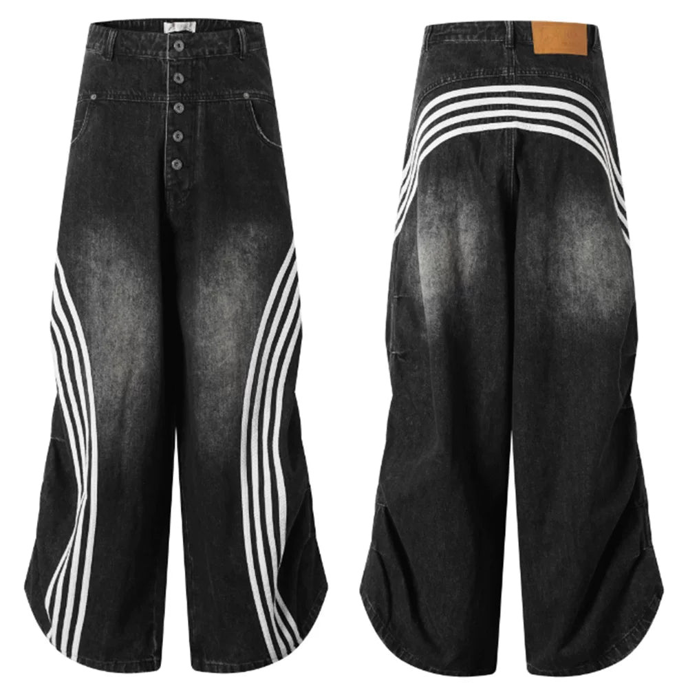 DND4DES Chen Sihan's same American retro heavy-duty washed distressed pleated striped patchwork wide leg jeans