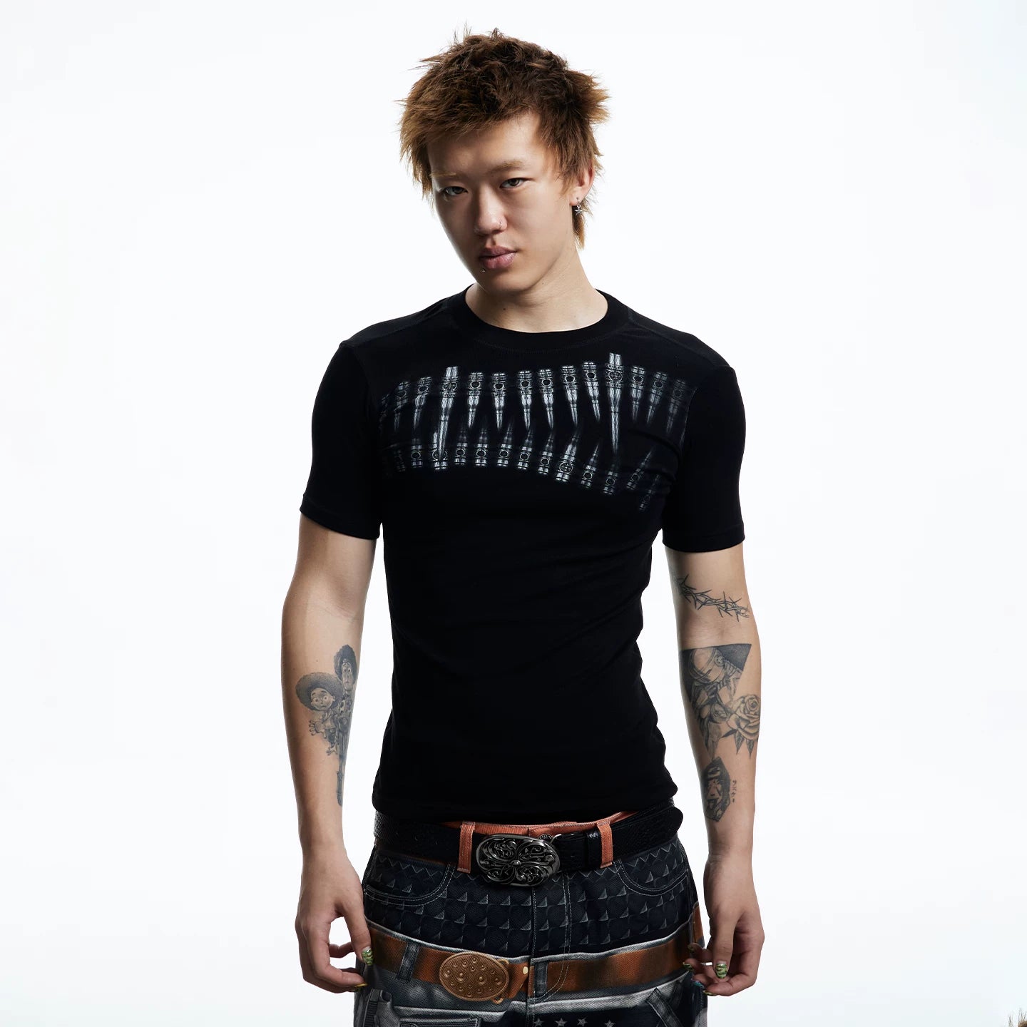 DND4DES American High Street Bullet Printed T-shirt Elastic Tight Gothic Dark Wind Wool Blended Short Sleeve
