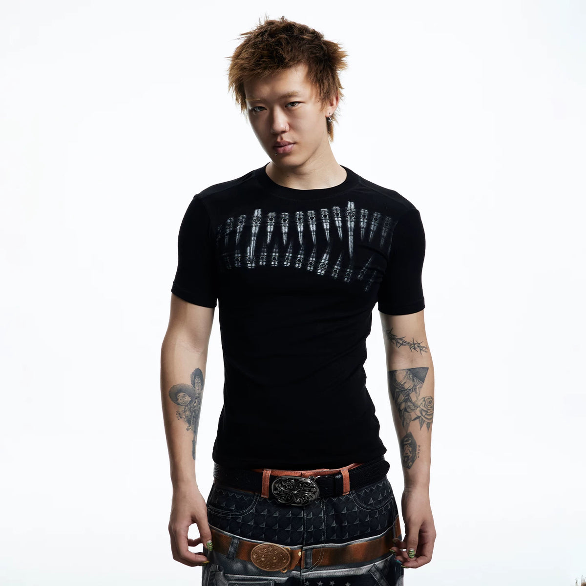 DND4DES American High Street Bullet Printed T-shirt Elastic Tight Gothic Dark Wind Wool Blended Short Sleeve