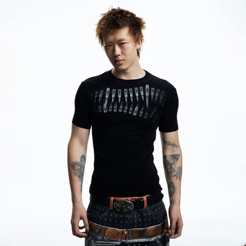 DND4DES American High Street Bullet Printed T-shirt Elastic Tight Gothic Dark Wind Wool Blended Short Sleeve