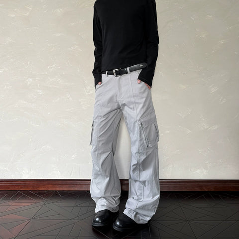 A PUEE American retro functional style multi pocket work pants for men and women, Vibe style straight tube slightly flared slim pants