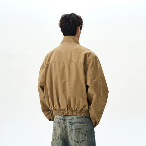 A PUEE American retro bomber standing collar pilot jacket men's and women's boxy short Barn style workwear jacket