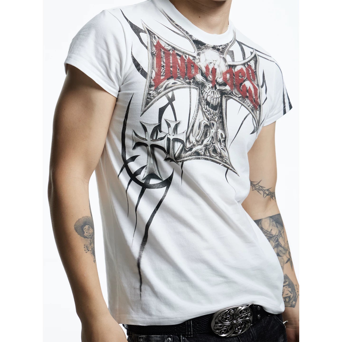DND4DES American High Street Skeleton Cross T-shirt with Dark Graffiti Printed Short Sleeve